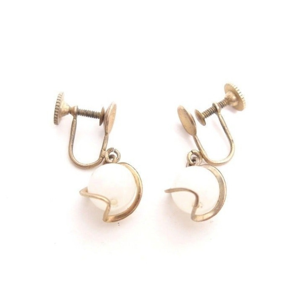 Vintage White Lucite Caged Dangle Drop Gold Plated Screwback Earrings